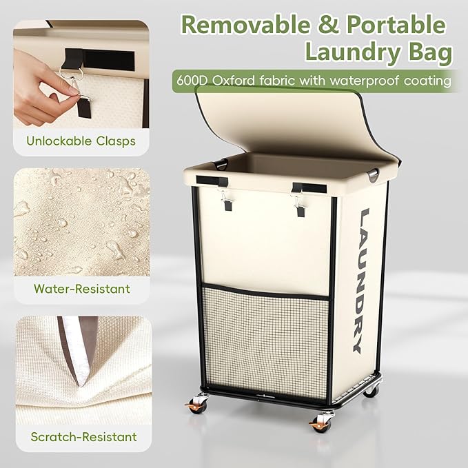 150L Laundry Basket with Wheels, Rolling Laundry Hamper with Cloth Cover, Laundry Cart with Metal Frame & Removable Bag, Large Dirty Clothes Hampers for Bedroom Aesthetic Laundry Room Bathroom, White