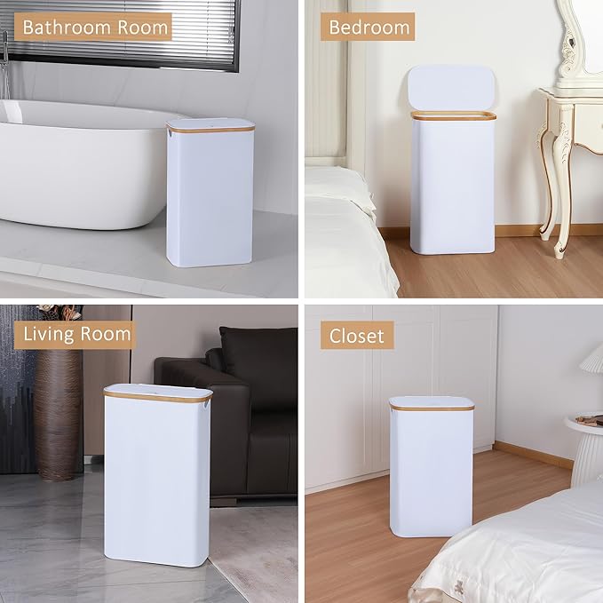 60L Slim Laundry Hamper, Narrow Laundry Basket with Lid,Foldable Clothes Hamper with Bamboo Handles,Hamper Basket with Removable Inner Bag for Laundry Room Bedroom College Dorm,15.85 Gals White