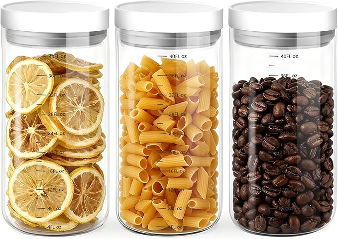 Danbark Set of 3 42oz Airtight Glass Storage Canisters with Lids - Pantry Organizers and Storage Glass for Kitchen - for Pantry, Flour, Sugar, Coffee, Tea, Pasta, Rice, and Snacks - White