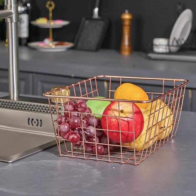 Wire Kitchen Storage Basket 4 Packs,Perfect Pantry Organization Accessories Basket,Laundry Basket,Countertop Organization,Suitable for Kitchen,Bathroom,Bedroom,Tabletop,Stackable,Brown