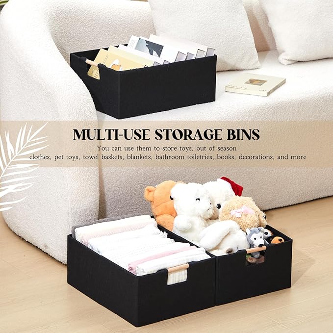 3 Pack Fabric Storage Bins for Closet Shelves, Rectangle Wardrobe Organizer with Handle, Collapsible Shelves Storage Basket for Sorting Clothes and Toy (Black,15 x 10.6 x 6 Inch)