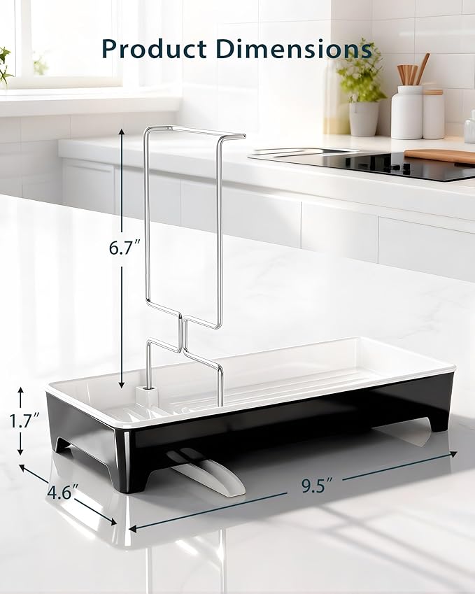Minimalist Sink Caddy, Rustproof Sponge Holder for Kitchen Sink with 304 Stainless-Steel Brush Holder, Countertop Rack Organizer with Raised Ridges & Silicone Drain Tube (Black)