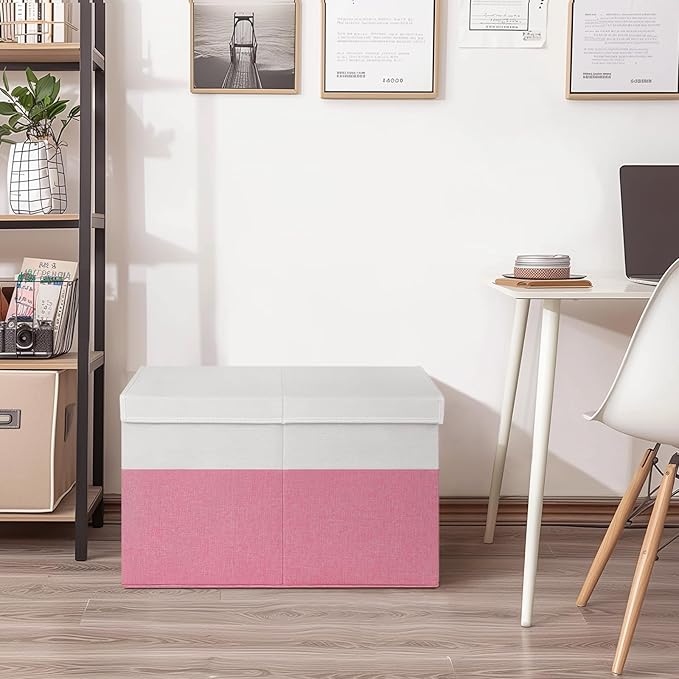 INDRESSME 25"x13"x16" Large Toy Storage Box with Lid, Collapsible Storage Organizer Baby Toy Storage for Kids Boys Girls, Toy Bin Organizer for Nursery, Bedroom, Living Room (Pink & White)