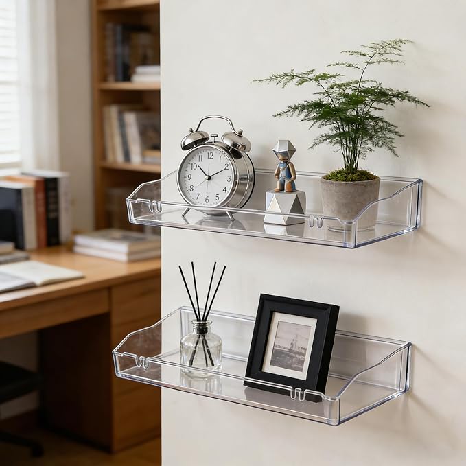 Clear Floating Shelves, Acrylic Shelves for Bathroom Organizers and Storage, Bathroom Shelf with Adhesive Shelf or Screws, Wall Mount Organizer for Shower Caddy,Room Decor, Kitchen, Living Room