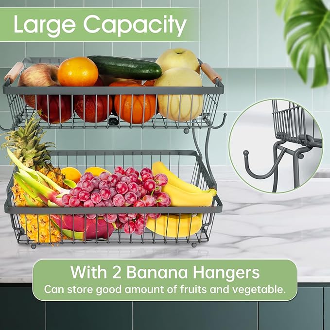 Fruit Basket Bowl 2 Tier Detachable with 2 Banana Hangers, Fruit Stand Holder for Kitchen Countertop, Metal Wire Vegetable Storage Organizer, for Bread Snack Veggies Produce, gray