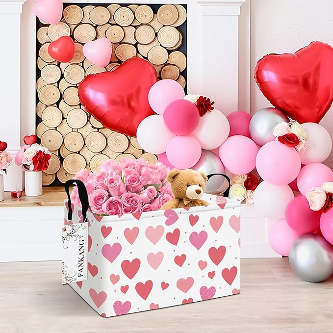 FANKANG Storage Bins,Nursery Hamper Canvas Laundry Basket Foldable with Waterproof PE Coating Storage Baskets for Boys and Girls, Office, Bedroom, Clothes,Toys(Rec-Colorful hearts ）