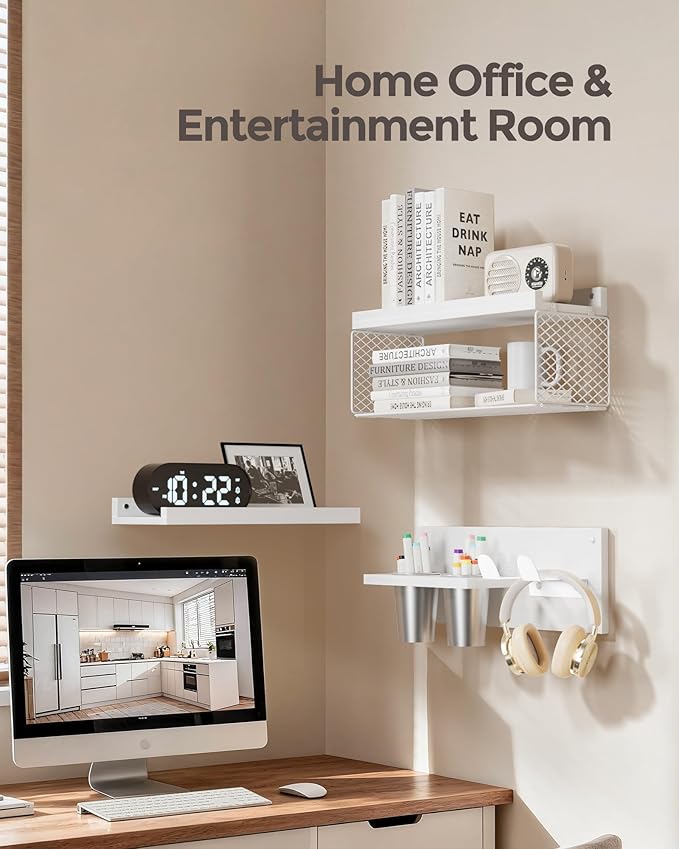 Puricon Floating Bathroom Shelves with Hair Dryer Holder, 3-Tier Rustic Wood Wall Mounted Organizers Set, Space Saving Over-Toilet Storage and Home Decor Hanging Rack -White