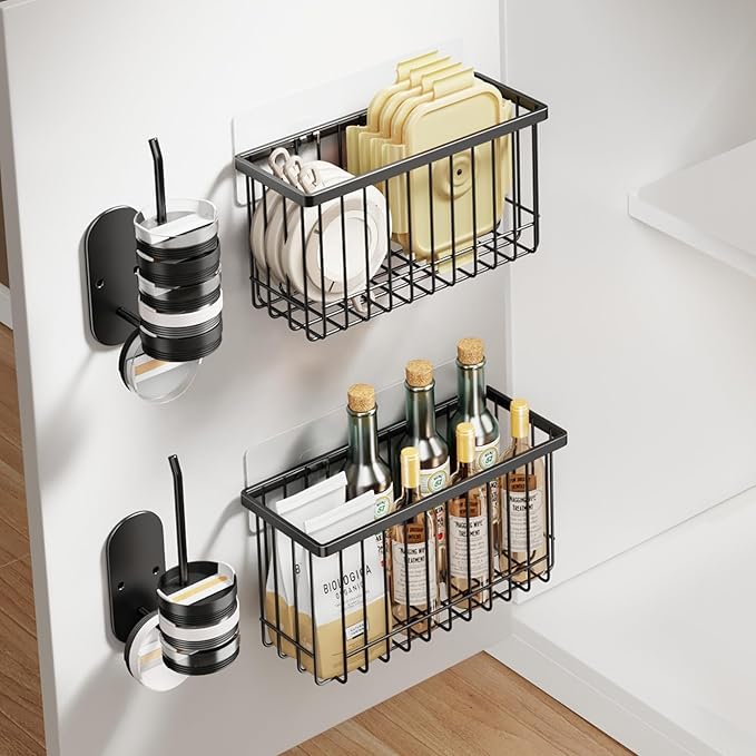4 Pack Adhesive Cabinet Door Organizer, Lid Organizers Inside Cabinet Food Container/Tumbler Lid Organizer and Storage Cup Lids Holder for Kitchen & Bathroom Wall Mounted(Black)