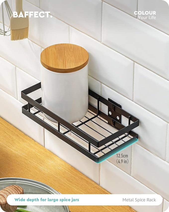 Baffect Metal Spice Rack Wall Mount Floating Shelves 2 Pack Black Storage organizer for Cabinet Door Pantry Kitchen Bathroom Supplies (13.7inches length)