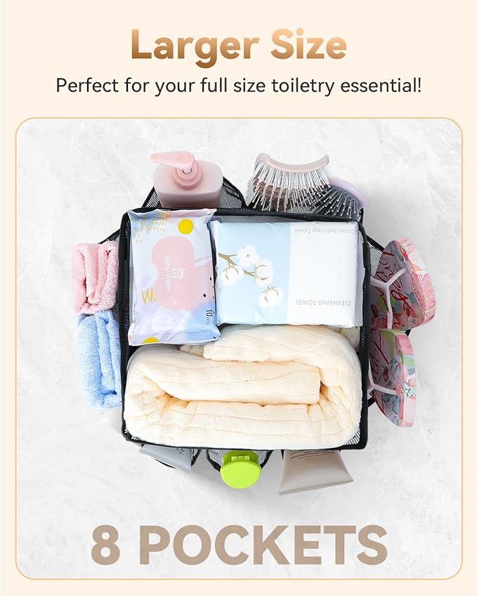 Temede Mesh Shower Caddy Tote, Large Shower Caddy Basket Portable, Quick Dry Hanging Toiletry Bag, 8 Storage Pocket Bath Organizer for College Dorm, Gym, Camp, Travel (Pink)