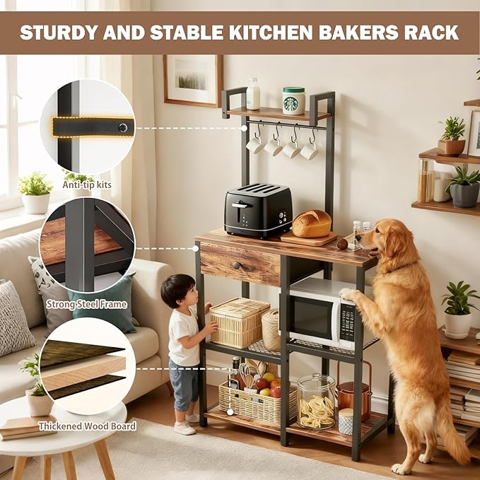 Kitchen Bakers Rack,Microwave Stand with Storage,Adjustable 6 Tier Coffee Bar Staion,Free Standing Bakers Rack with Drawer and Hooks,Kitchen Appliance Storage Shelf for Spices,Pots