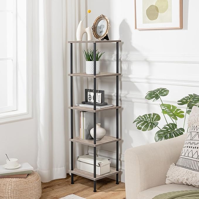 HOOBRO 5-Tier Corner Shelf Stand, Corner Square Rack Display Shelf, Tall Storage Rack Plant Stand, Bookcase for Small Spaces, Living Room, Home Office, Kitchen, Greige and Black BG50CJ01