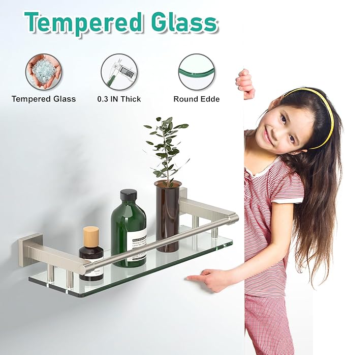 SFGSOWOR Glass Shelves for Bathroom, 16IN Brushed Nickel Bathroom Shelves for Wall Rectangular Stainless Steel Tempered Glass Modern use for Shelf Sink Over Toilet