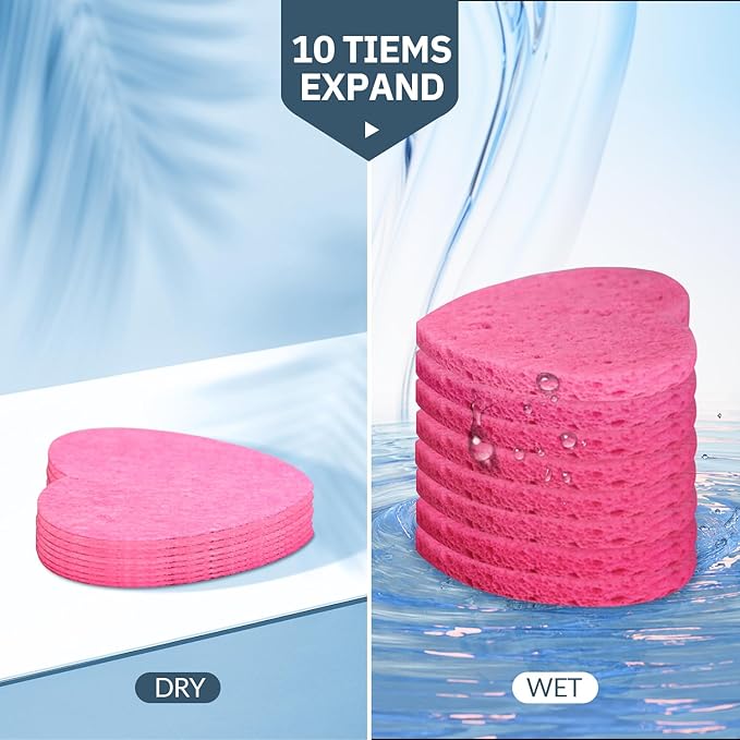 100-Count Compressed Facial Sponges for Estheticians Heart Shape Natural Cellulose Sponge Professional Cosmetic Spa Sponges for Face Cleansing, Massage, Pore Exfoliating, Mask, Makeup Removal, Pink