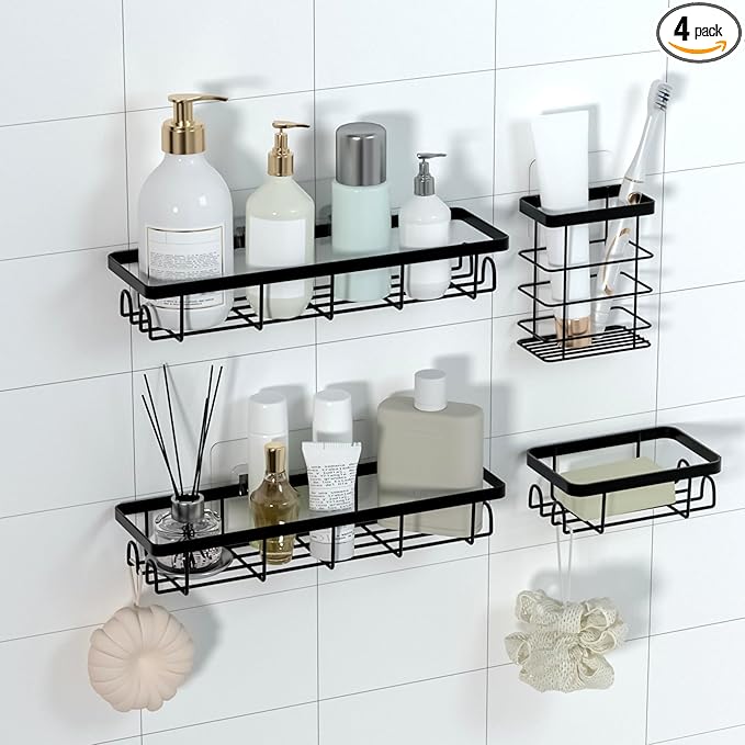 Uninol Shower Caddy Organizer with Hooks,Self Adhesive Bathroom Shelves,No Drilling Bathroom Organizers and Storage,Perfect for RV, Apartment, Home Decor,Black 4PCS