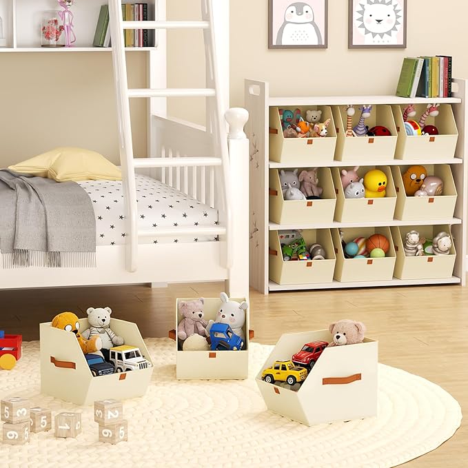 Fabric Closet Storage Cubes - 6 Pack Square Storage Bins with Dual Handles for Clothes, Towels, Toys, Cube Storage Organizers for Bedroom, Nursery, Shelves, Closet, Small Spaces, Beige