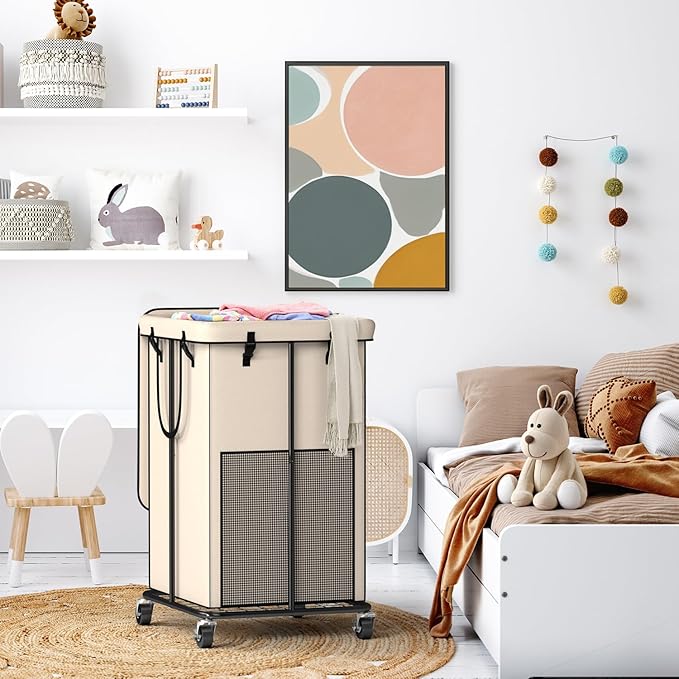 Large Laundry Hampers with Lid, Oxford Fabric Laundry Hampers, Metal Frame and Removable Bag Design with Wheels, Suitable for Bedroom, Bathroom, Dorm Room, Laundry Room (White with Lid)