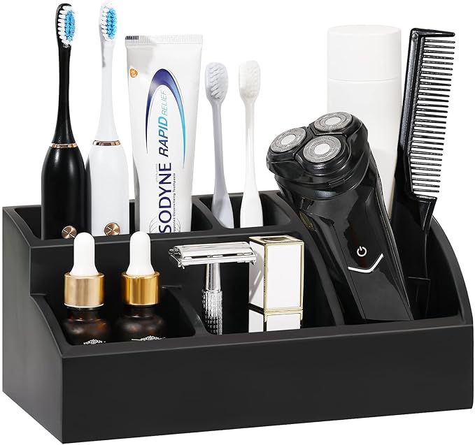 Luxspire Bathroom Counter Organizer, Toothbrush Holder for Bathroom 5 Slot, Large Bathroom Countertop Organizer Storage Marble Bathroom Accessories for Toothbrush Toothpaste, Matte Black