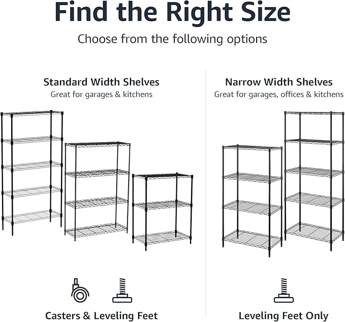 Amazon Basics 5-Shelf Multipurpose Adjustable Steel Garage Shelving Unit, Storage Rack for Kitchen, 200 lbs Per Shelf, Easy Assembly, 13.4"D x 23.2"W x 60"H, Black