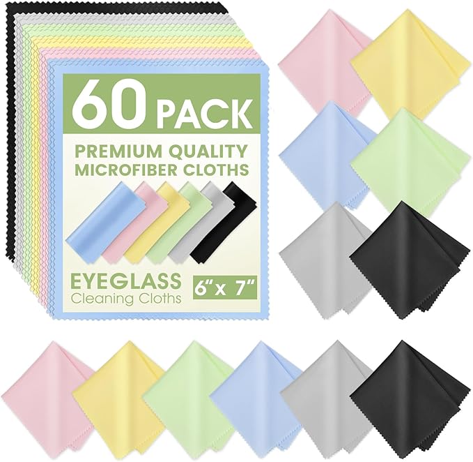 60-Pack Microfiber Cleaning Cloths for Glasses, 6x7 Inch Premium Lens Cleaning Cloth for Screens, Cameras, Eyeglasses, Cell Phone, LCD TV Screens，Assorted Colors