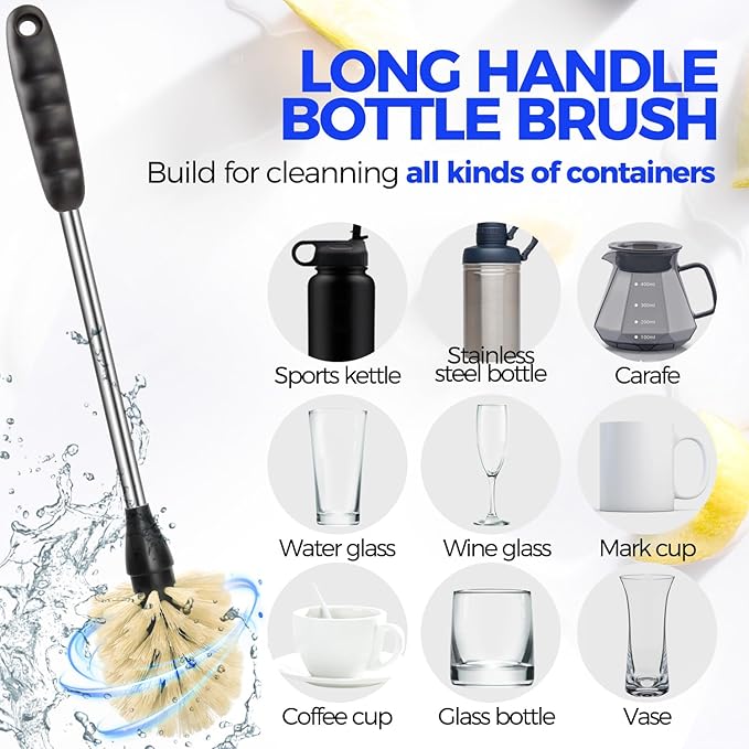 Holikme 6 Pack Bottle Brush Tube Set, 14" Long Handle Stainless Steel Bottle Cleaner Brush, 3 Straw Brushes, Portable 3-in-1 Bottle Cleaning Brush for Water Bottle, Cups, Baby Bottle, Straws Yellow