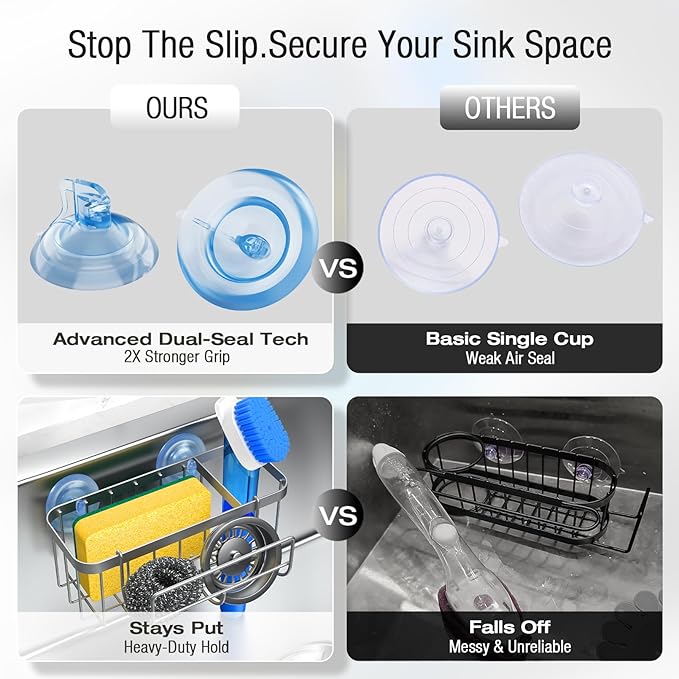 3-in-1 Kitchen Sink Caddy Organizer with Sponge Holder, Brush Holder, Extra Rack for Scrubber, Sink Stopper, Dish Cloth Hanger - Strong Dual Suction Cup, 2.0mm SUS304 Stainless Steel - Silver