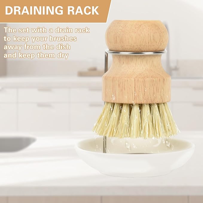 Wooden Dish Brushes, Dish Dishwashing Brush for Cleaning Dishes, Kitchen Wooden Cleaning Dsihes Set with Draining Rack, Natural Sisal Bristles, 1 Set