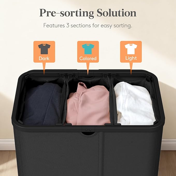 Lifewit 185L Large 3 Section Laundry Hamper with Lid, Plastic Laundry Basket with Bamboo Handles and Removable Bags, Tall Foldable Clothes Hamper for Bathroom Bedroom, Black