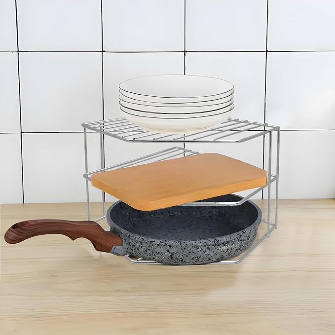 3-Tier Corner Shelf Counter and Cabinet Organizer - Steel Metal Wire - Rust Resistant - Plates, Dishes, Cabinet & Pantry Organizer - Kitchen Organization (10 x 7.5 Inch) (Chrome)