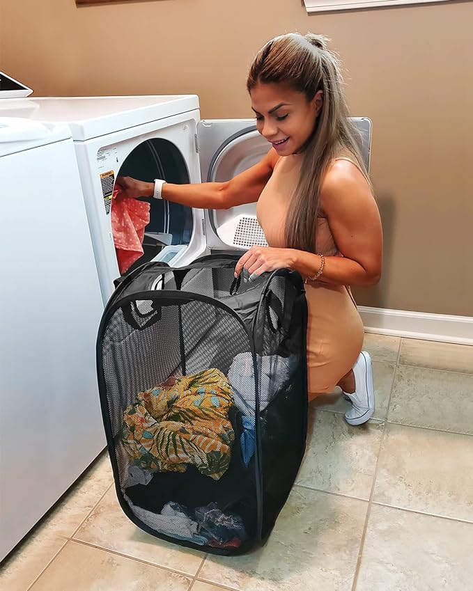 HOUSE AGAIN Mesh Popup Laundry Hamper, [Reinforced] Collapsible Laundry Basket, Foldable Pop Up Hamper with Durable Handles, Easy to Open and Fold for Dorm, Laundry Room, Bedroom, Travel, (Black)