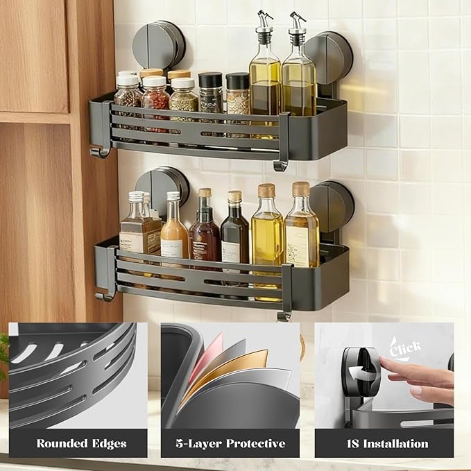 ONXE 2 Pcs Suction Cup Spice Rack,No-drill Extra-strong Suction Spice Shelf for Kitchen Wall,Pantry,Refrigerator,Home,Laundry,Room,Moveable Spice Seasoning Organization and Storage (Gunmetal Gray)
