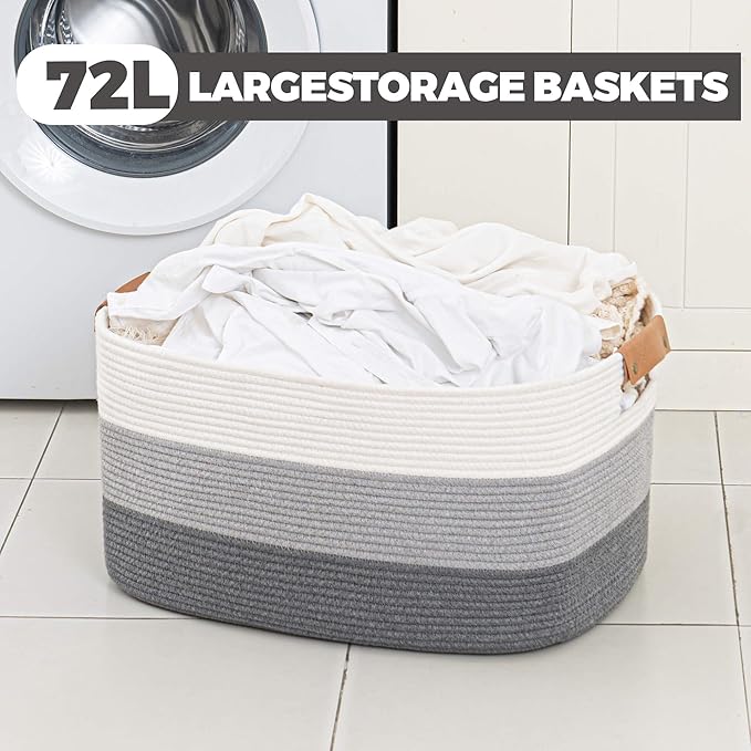 danpinera Blanket Basket, 72L Rectangle Large Basket for Living Room, Baby Room & Laundry, Woven Cotton Rope Toy Bin Baby Nursery Room Storage, 22’’*17’’*11.8’’, Gradient Grey