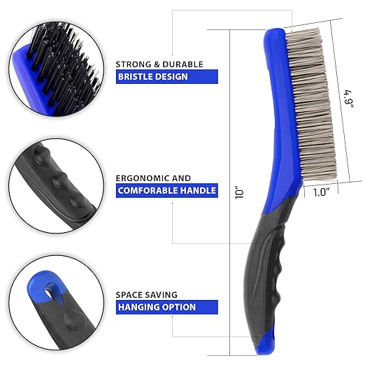 Wire Brush Set-Heavy Duty Stainless & Carbon Steel Bristles with Plastic Handle Grip for Rust, Wielding Slag, Dirt & Paint Scrubbing with Deep Cleaning – 10 Inches (Pack of 2-Blue)