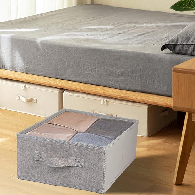 JAKAGO Fabric Storage Bins set of 4 Rectangle Storage Baskets with Handle Foldable Closet Organizer for Clothes Towel bedding Books Collapsible Clothing Container for Shelves Bedroom(Gray Low)