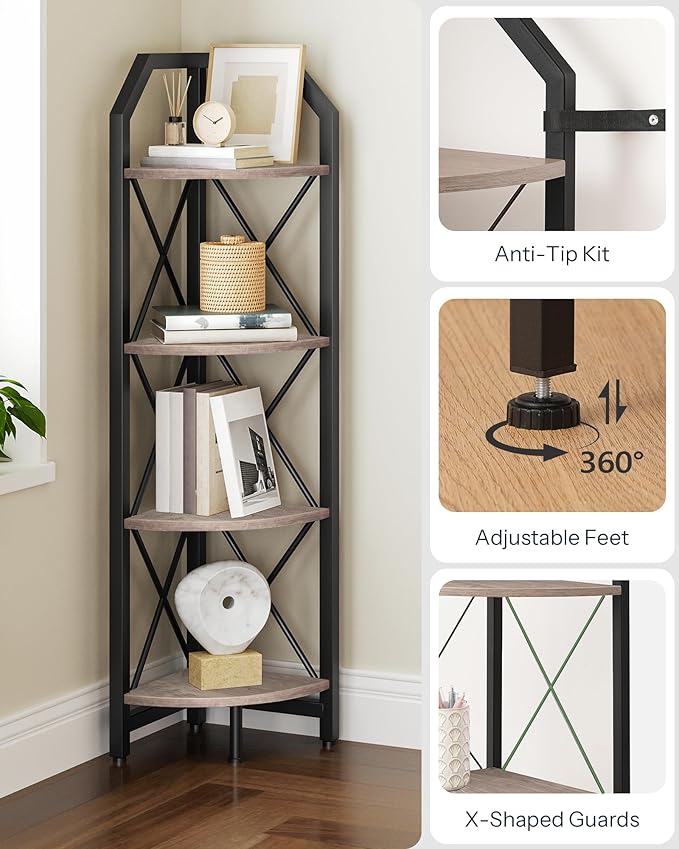 4-Tier Corner Shelf, Industrial Corner Bookshelf, 47.6" Corner Storage Stand, Plant Stand Display Shelf, Corner Bookcase for Bedroom, Living Room, Home Office, Greige and Black TCJ09BG