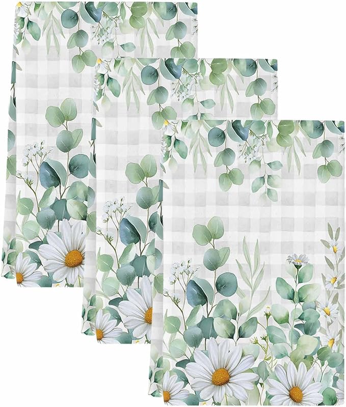Kitchen Towels Set of 3, Green Eucalyptus Leaves Soft Microfiber Dish Towels, Daisy Summer Botanical Watercolor Plaid Absorbent Washable Dishcloths for Kitchen Cleaning, Drying Dishes, 18x28 Inches