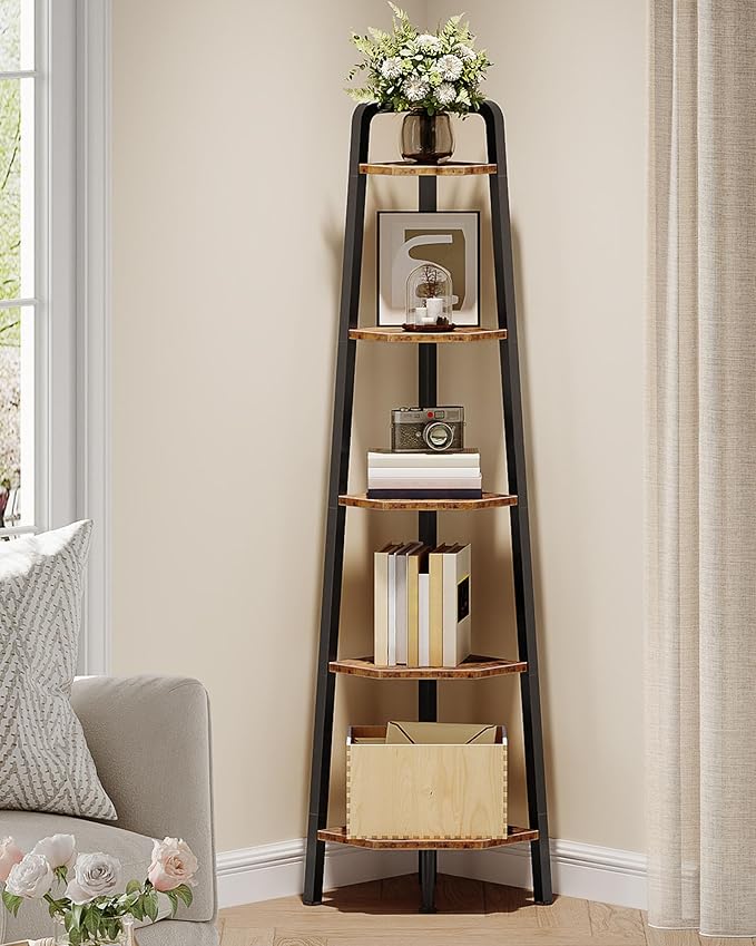Corner Shelf, 5-Tier Ladder Corner Shelf, Ladder Bookshelf, 59.6" Tall Vertical Display Stand, Metal Frame Bookshelf, for Living Room, Bedroom, Kitchen, Rustic Brown and Black TCJ20BF