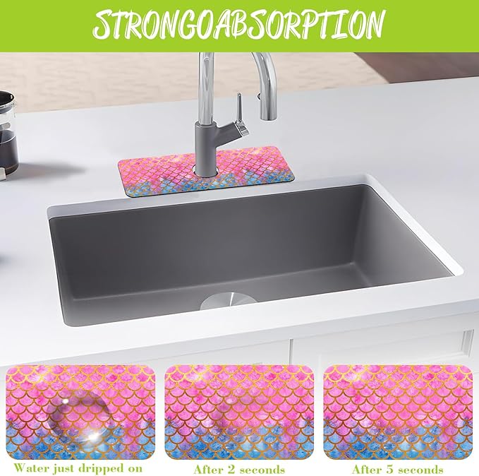 Sink Splash Guard Faucet Mat Watercolor Fish Scales Absorbent Fast Drying Mat Sink Gadgets Splash Guard Behind Faucet Drip Catcher for Kitchen Bathroom 15.5"X5.5"