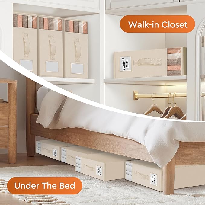 4 Pack Bed Sheet Closet Organizers and Storage,Sturdy Foldable Storage Containers with Window and Label,Storage and Organization for Bedding Sheets,Duvet Covers,Blankets (Beige)
