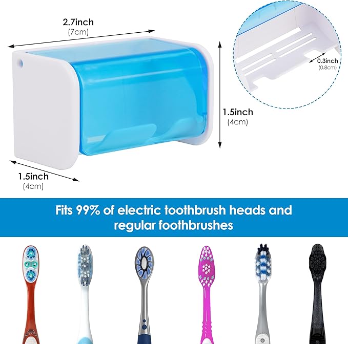 Toothbrush Holder Wall Mounted with Cover for Bathroom, 2 Slots Toothbrush Storage Organizer for Shower, Self Adhesive Toothbrush Hanger Rack for Dorm, Cabinet (Blue)