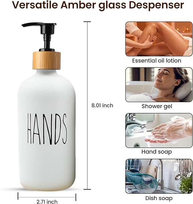 16 OZ Thick White & Black Glass Soap Dispenser, Bamboo Pump with Tray 2 Pack, Hand and Dish Soap Dispenser Set for Bathroom with 6 Waterproof Labels