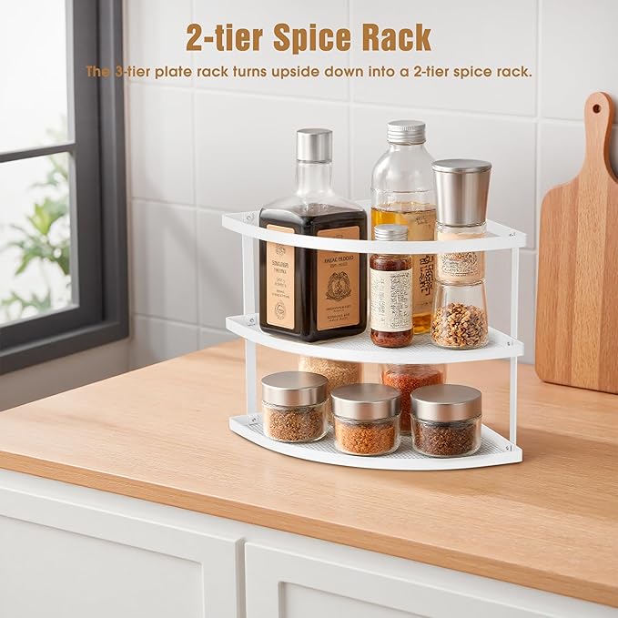 ROFAY 3-Tier Metal Corner Shelf Plate Organizer for Kitchen Counter & Cabinet, Corner Rack for Plates, Dishes, Pantry, and Bathroom Storage, Rust-Resistant Steel, Space-Saving Design (White)