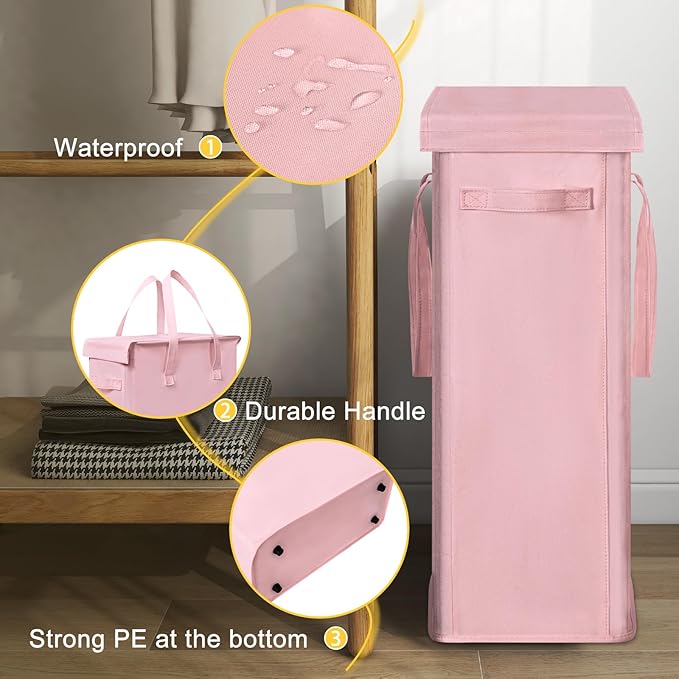 Chrislley 60L Slim Laundry Hamper with Lid Narrow Laundry Basket with Handle Upgrade Foldable Dirty Clothes Hamper Portable Skinny Hamper Organizer Storage Bins (25.6 inches, pink)