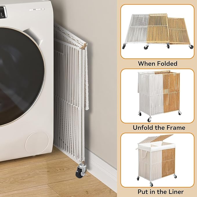 WOWLIVE Laundry Hamper with Wheels, Handwoven Rolling Laundry Basket with Lid, Clothes Hamper with Divided Removable Liner Bag, 115L Large Laundry Sorter Laundry Room Organization, White and Natural