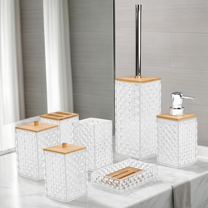 Bathroom Accessory Set,7 Pcs White Bathroom Set Include Soap Dispenser, Qtip Holder Dispenser, Soap Dish,Toilet Brush,Toothbrush Holder & Mouthwash Cup.Boho Bathroom Set