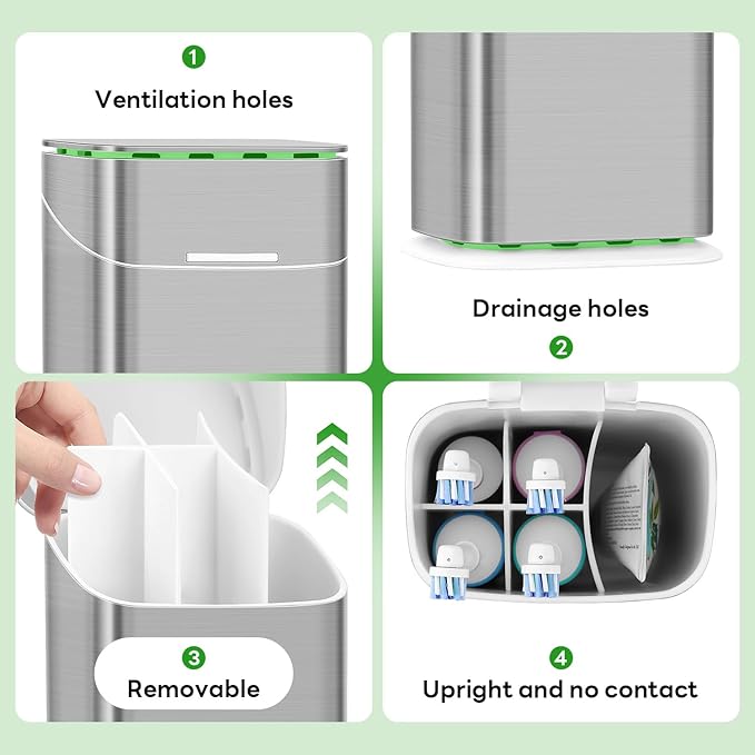 GFWARE Toothbrush Holders with Cover - Electric Toothbrush Length Less Than 9 inches, 5 Slots Tooth Brush Holder for Bathroom, Detachable Toothpaste Holder Bathroom Organizers with Drainage, Silver