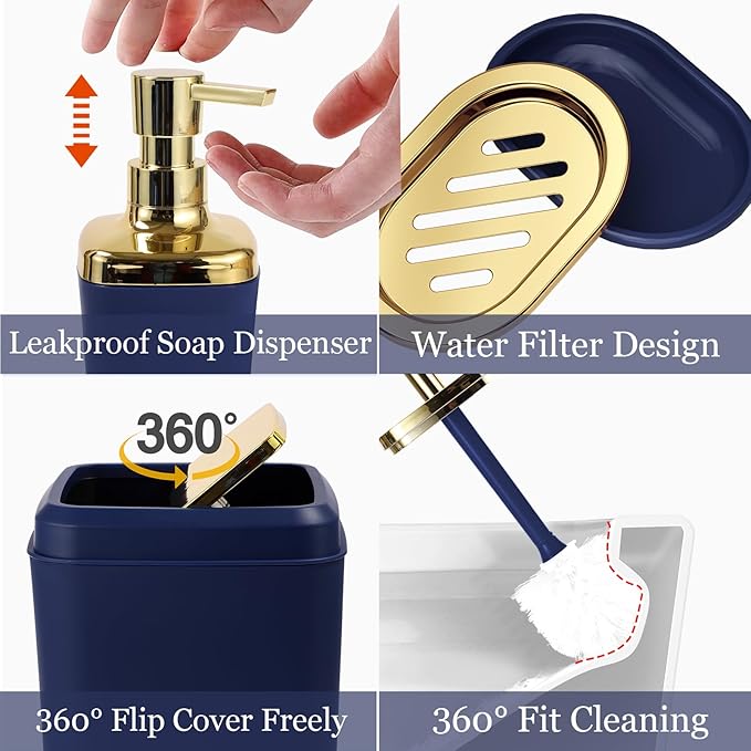 Bathroom Set - Navy Blue Bathroom Sets with Shower Curtain and Rugs, 24PCS Shower Curtain Set with Hooks, Soap Dispenser, Soap Dish, Toilet Brush Holder and Trash Can for Housewarming