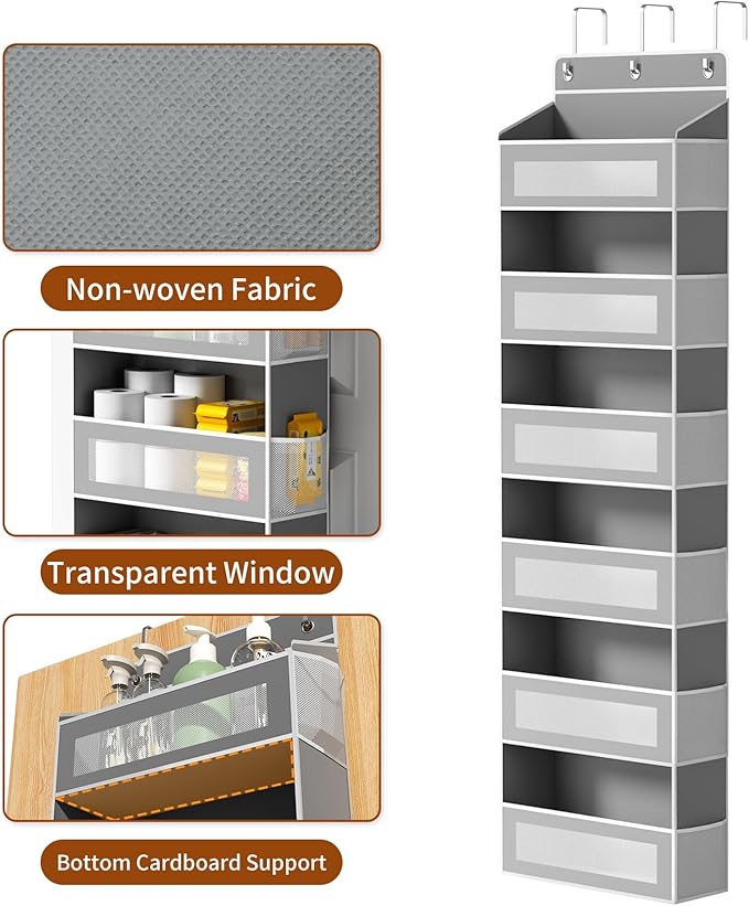 Over The Door Organizer with 6 Large Pockets, Over the Door Storage 12 Side Pockets, Hanging Door Organzier 44 lb Load Behind Door Storage Hanging Shelf for Closet Wall Bathroom Nursery, 6-Tier Grey