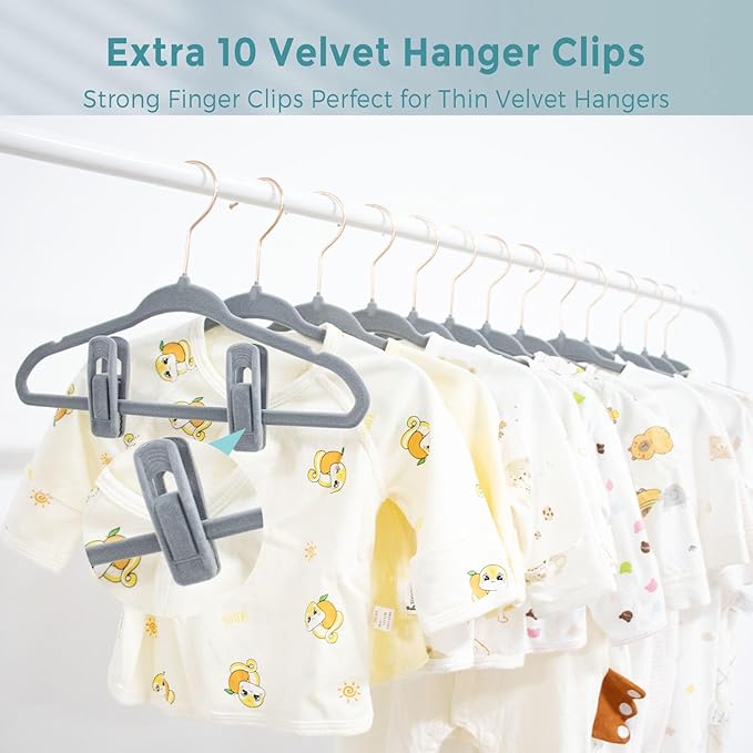 Velvet Baby Hangers 30 Pack - 11 Inch Non-Slip Kids Hanger for Newborn Clothes - Small Toddler Child Hangers Durable for Every Use - 10 Hanger Clips Included, Gray