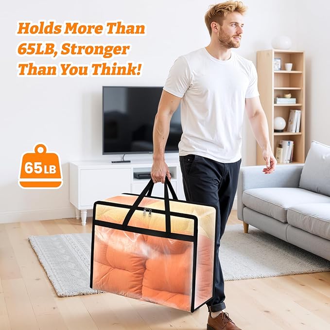 BlissTotes 6 Pack Clear Clothes Storage Bags, Moving Bags, Foldable Blanket Storage Under Bed Storage Containers with Sturdy Zipper and Handle for Clothing, Comforter, Bedding, Sheet (40L)